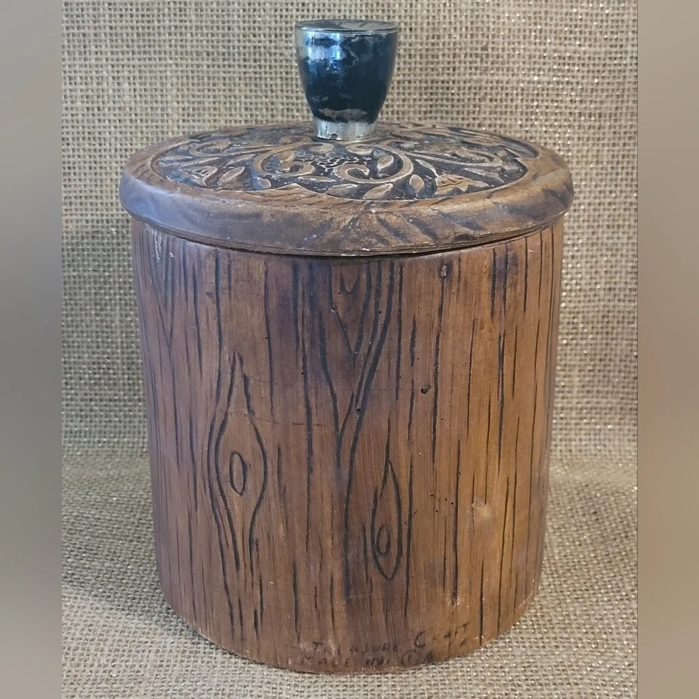 Vintage Treasure Craft Coffee Canister Faux Bois Wood Look Ceramic Tree & Leaves